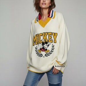 Disney Cream V-Neck Mickey Sweater with Yellow Trim